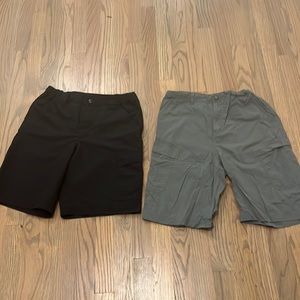 REI grayish green cargo shorts and field and stream black cargo shorts